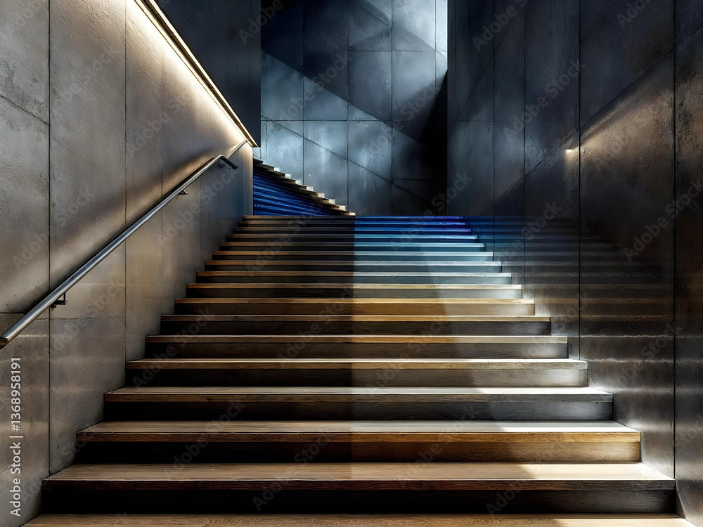 Fototapeta premium modern staircase, illuminated steps, blue LED lighting, dark concrete walls, industrial design, minimalist architecture