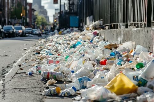 Large accumulation of plastic waste on urban street corner in daylight hours