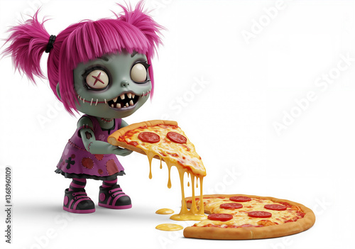 3D zombie girl eating a big cheesy pizza slice - isolated on white