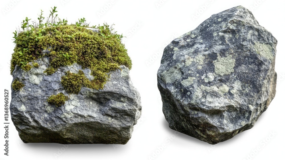 Top and side view of grey stone with moss isolated on a transparent background Top and side view of grey stone with moss isolated on a transparent background