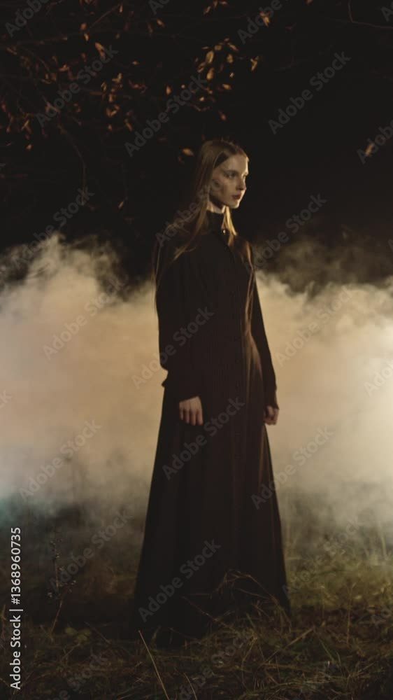 Fashion model poses in a dark forest at night, surrounded by a fog machine and vibrant colored lights, creating a mysterious and atmospheric scene filled with elegance and magic Fashion model poses in a dark forest at night, surrounded by a fog machine and vibrant colored lights, creating a mysterious and atmospheric scene filled with elegance and magic