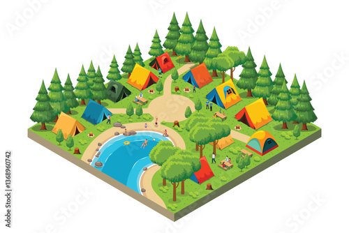 Isometric Map of a Camping Campground Vector Illustration