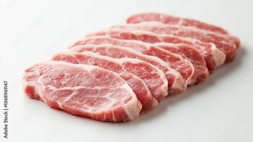 白背景に美しく並べられた新鮮な豚ロース肉スライス 白背景に美しく並べられた新鮮な豚ロース肉スライス