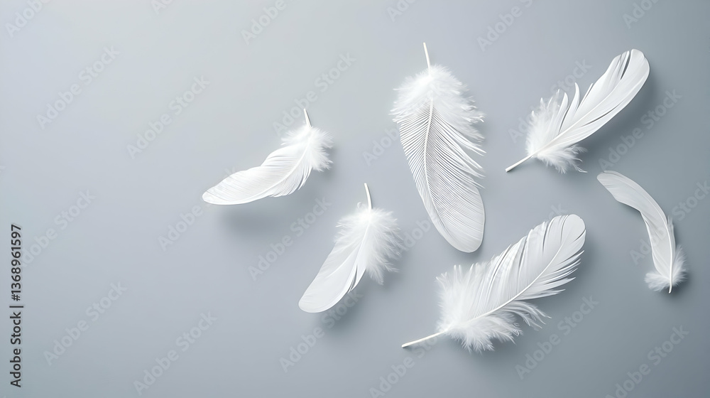 Obraz premium Delicate White Feathers On Gray Background