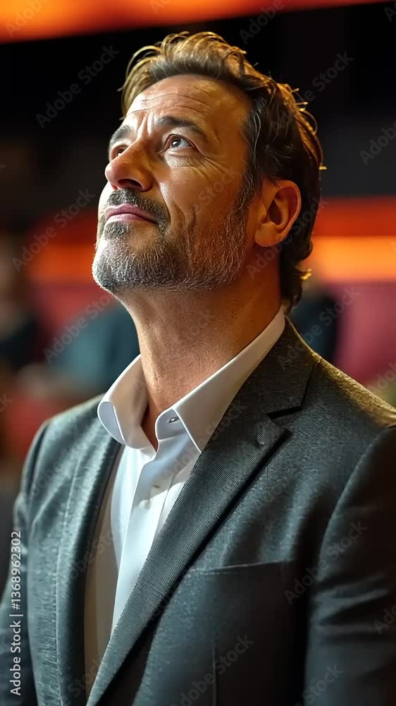 A man in a suit gazes upwards thoughtfully in a crowded auditorium during an event A man in a suit gazes upwards thoughtfully in a crowded auditorium during an event