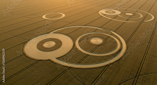 Aerial View of Intricate Crop Circle Patterns in a Golden Field at Sunset
