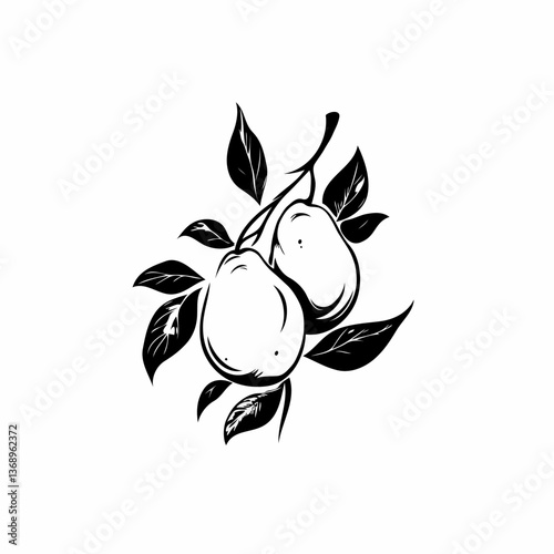 Minimalist Black and White Pears on Branch Illustration