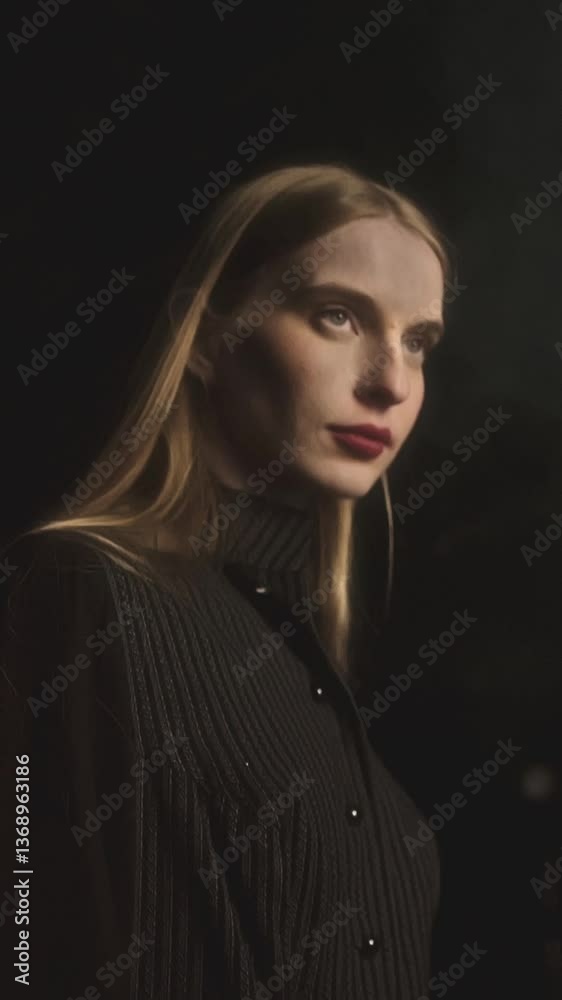 Model posing in a nighttime fashion photoshoot, showcasing creative lighting and captivating smoke effects. The scene exudes elegance and a mysterious atmosphere, highlighting beauty and style