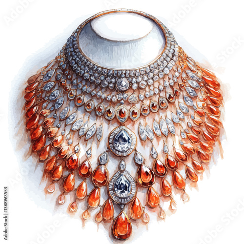 A watercolor vector of an exquisite classic gold necklace and earrings set, isolated on a white background. exquisite classic gold necklace and earrings set vector

