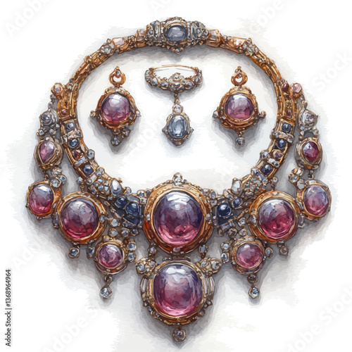 A watercolor vector of an exquisite classic gold necklace and earrings set, isolated on a white background. exquisite classic gold necklace and earrings set vector

