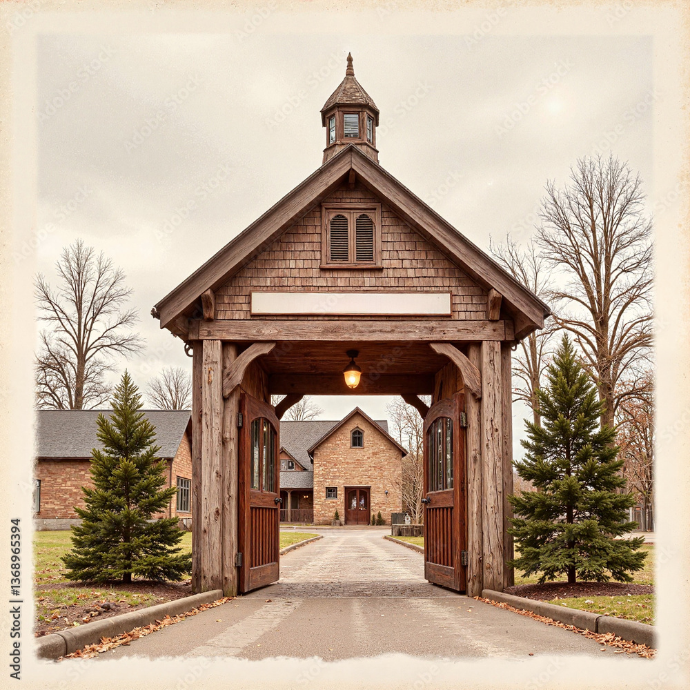 Obraz premium Vintage train station entrance in sepia tones, nostalgic atmosphere