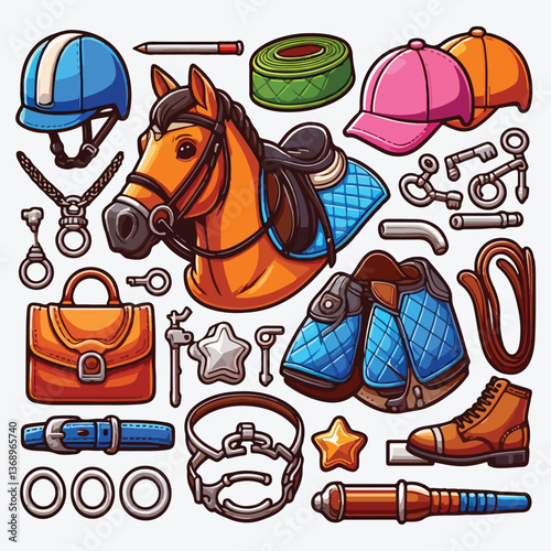 Equestrian sport accessories cartoon illustration set stock illustration