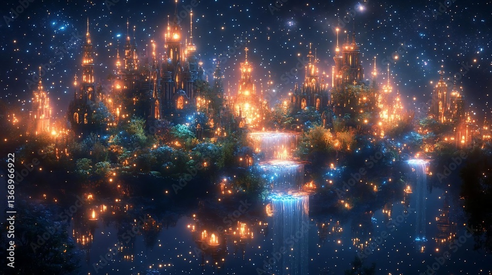 Fototapeta premium Glowing Floating Island City at Night with Waterfalls and Starry Sky