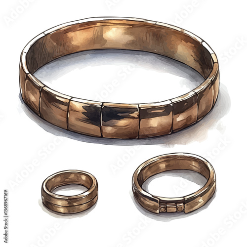 A watercolor vector of a golden bracelet and ring set, isolated on a white background. golden bracelet and ring set vector

