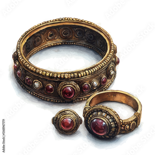 A watercolor vector of a golden bracelet and ring set, isolated on a white background. golden bracelet and ring set vector

