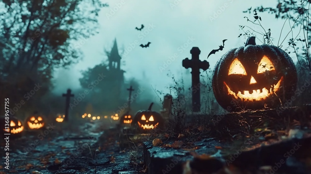 Obraz premium Spooky Halloween pumpkins in graveyard; misty night