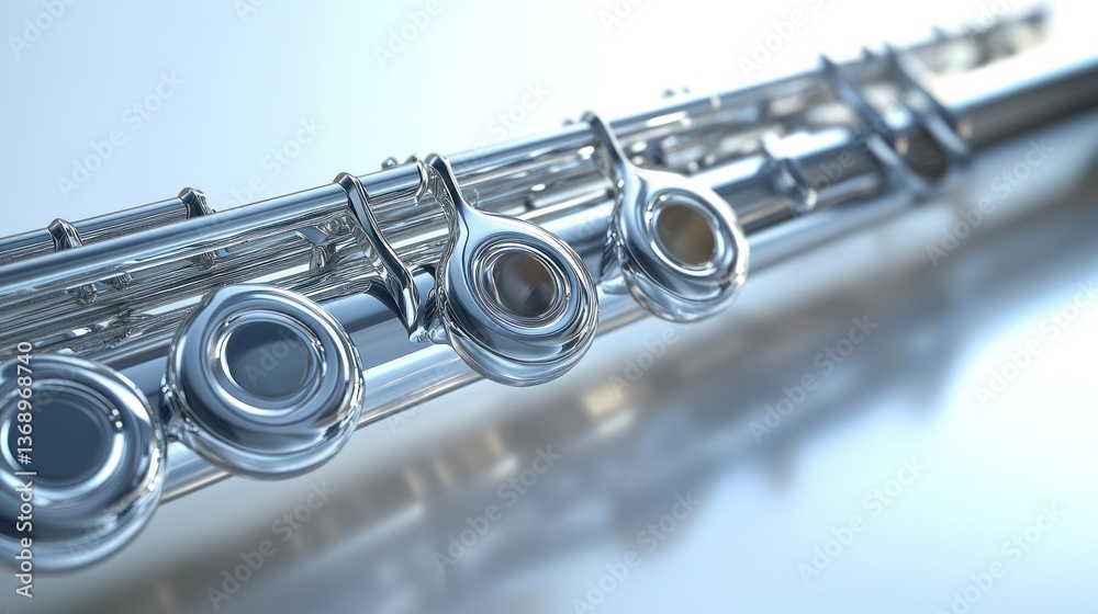 Fototapeta premium A shiny silver flute close up, capturing the detail of its keys.