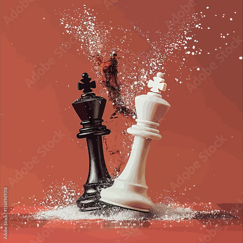 A realistic photo of two chess pieces colliding