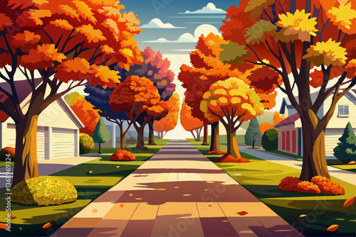 vector of Autumn trees lining the driveway