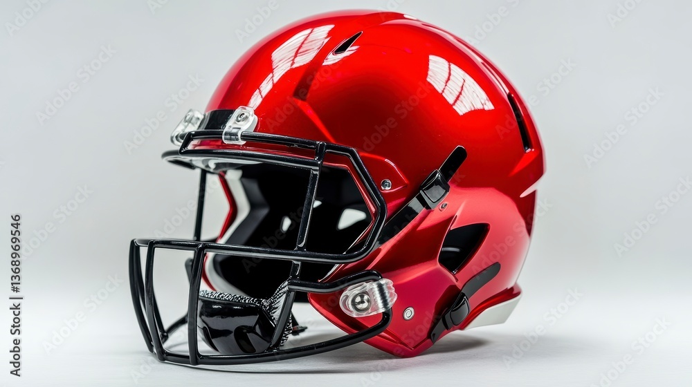 Fototapeta premium Red football helmet with black facemask, isolated on white background.