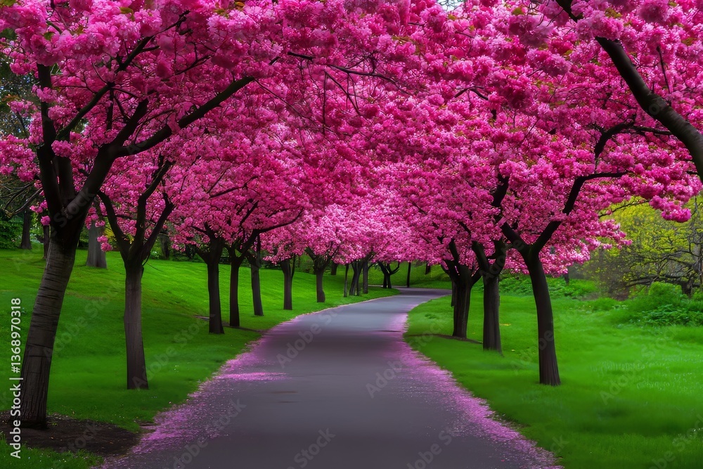Winding road leading through tunnel formed by blooming cherry trees Winding road leading through tunnel formed by blooming cherry trees