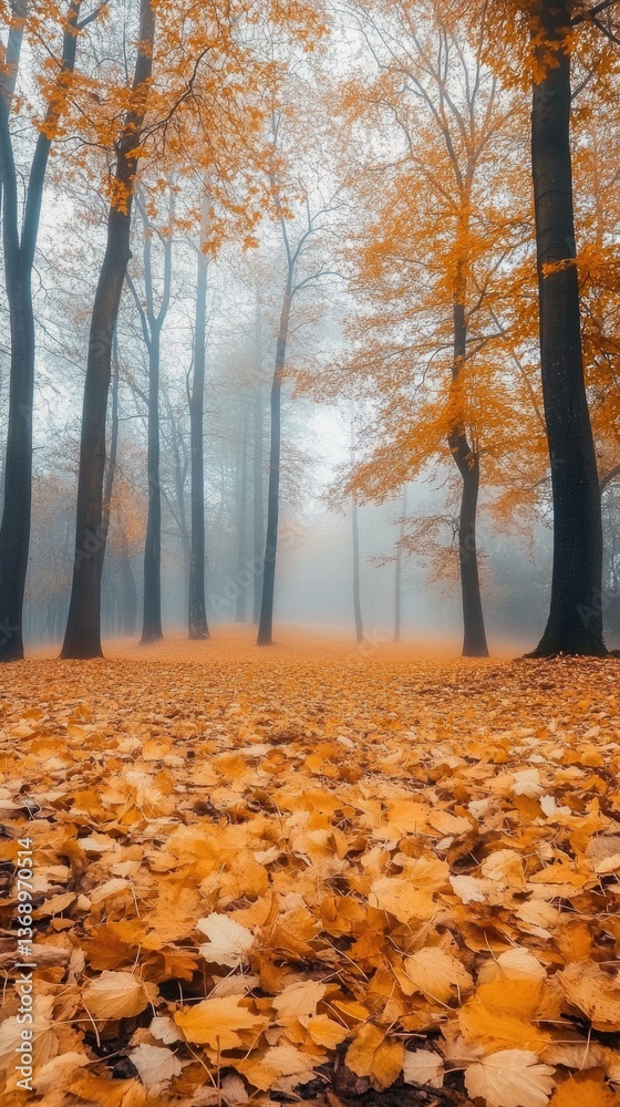 Obraz premium A misty forest covered in abundant yellow foliage