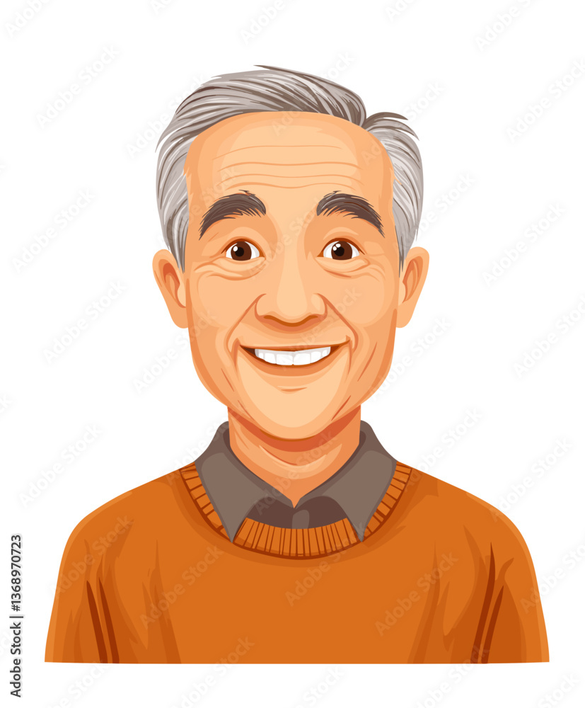 Smiling elderly Asian man with round face wearing orange sweater enjoying a sunny day outdoors Smiling elderly Asian man with round face wearing orange sweater enjoying a sunny day outdoors