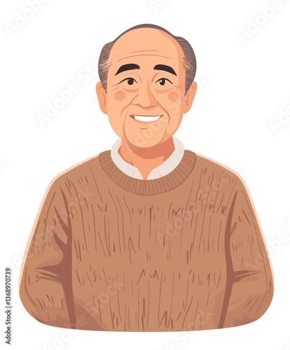 Smiling elderly Asian man with round face wearing a cozy sweater and exuding warmth in a cheerful setting