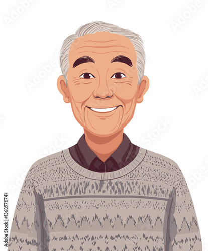 Smiling elderly Asian man with a round face enjoying a moment of joy in a cozy setting