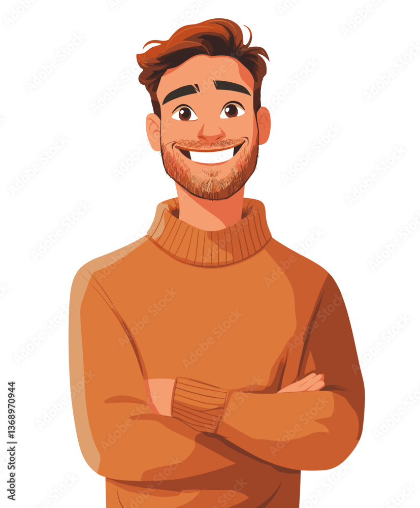 Fototapeta premium Joyful European man with a stylish haircut smiling warmly while wearing a cozy sweater indoors