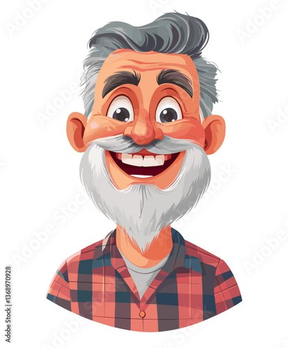 Joyful Hispanic grandfather smiles warmly while wearing a plaid shirt in a cozy setting during a sunny afternoon gathering with family