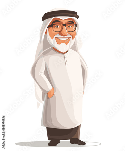 Joyful elderly Middle Eastern man in traditional attire standing with a smile, embodying warmth and happiness in everyday life