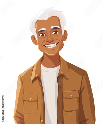 Joyful elderly Indian man with neatly combed hair smiling warmly in a sunny outdoor setting during the afternoon