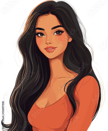 Friendly Latina woman with long wavy hair smiling warmly in a natural outdoor setting during sunset
