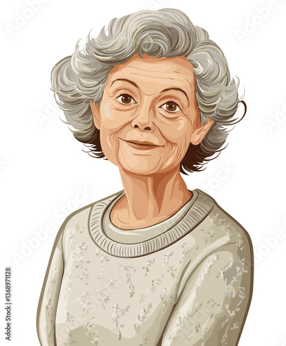Friendly elderly European woman with short gray hair in a cozy sweater smiles warmly while posing for an illustration