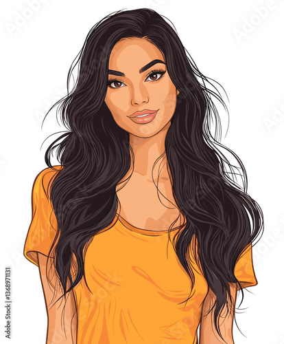 Friendly Latina woman with long wavy hair smiling in casual outfit outdoors during sunny day