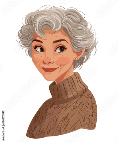 Friendly elderly European woman with short curly hair enjoying a peaceful moment indoors in a cozy knit sweater