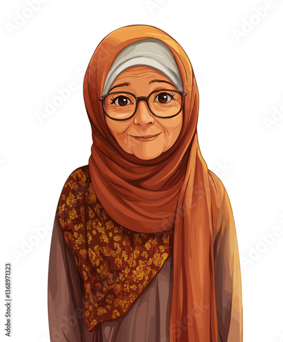 Cheerful elderly Middle Eastern woman wearing a hijab and glasses, smiling warmly in a cozy atmosphere