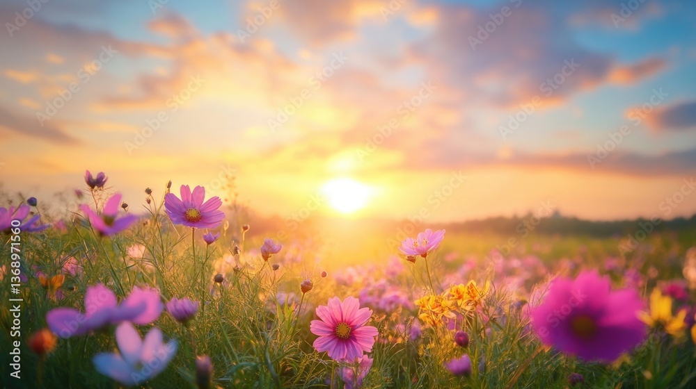 Fototapeta premium A beautiful field of colorful flowers against a stunning sunset backdrop