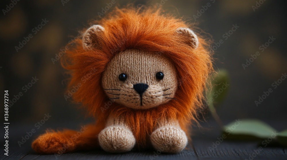 Fototapeta premium Adorable Knitted Lion Cub Toy on Dark Wooden Background