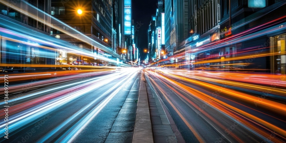 Obraz premium Busy urban road with heavy nighttime traffic and city lights