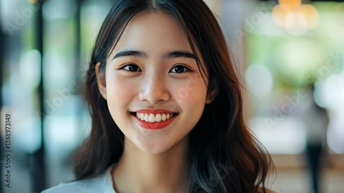 Wallpaper Mural Young woman smiles warmly in a cozy cafe during the late afternoon Torontodigital.ca