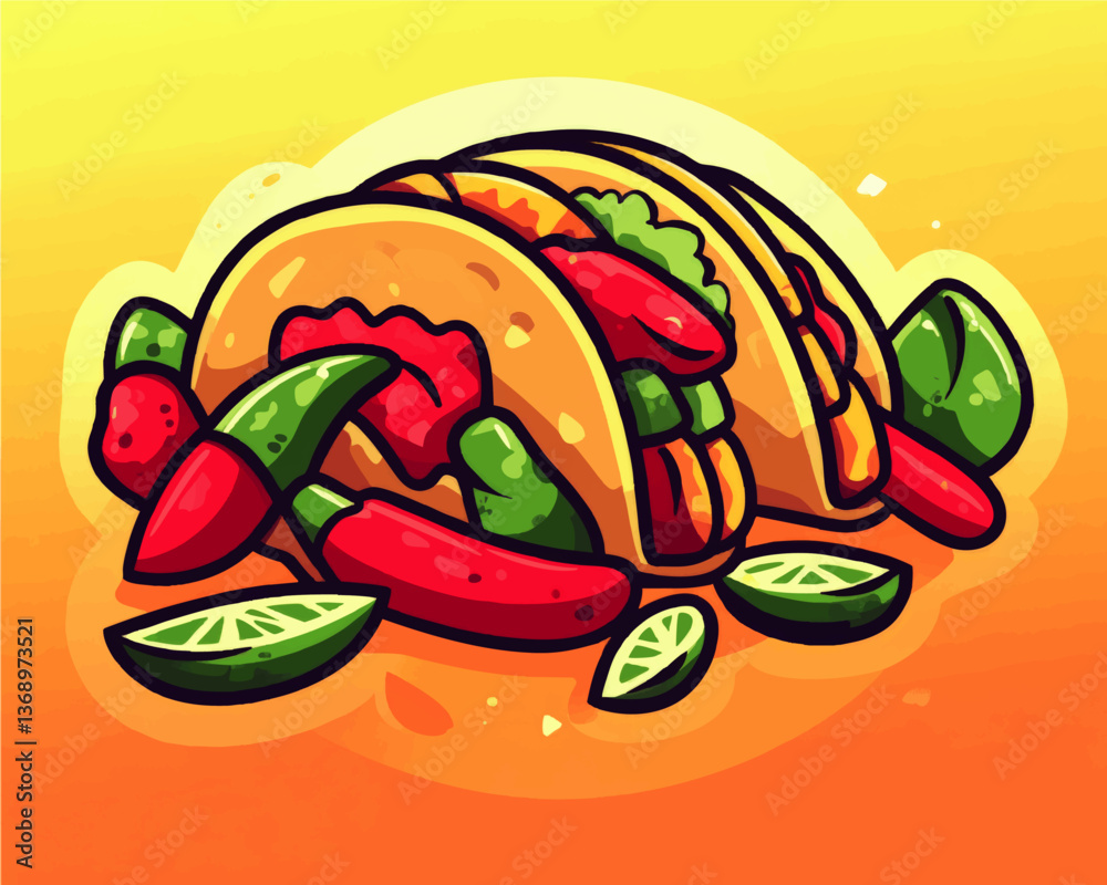 Vibrant Illustrated Tacos with Fresh Ingredients Colorful Vector Graphic Featuring Spicy Chili Peppers Lime Slices Lettuce Mexican Food Art for Restaurants and Food Blogs
