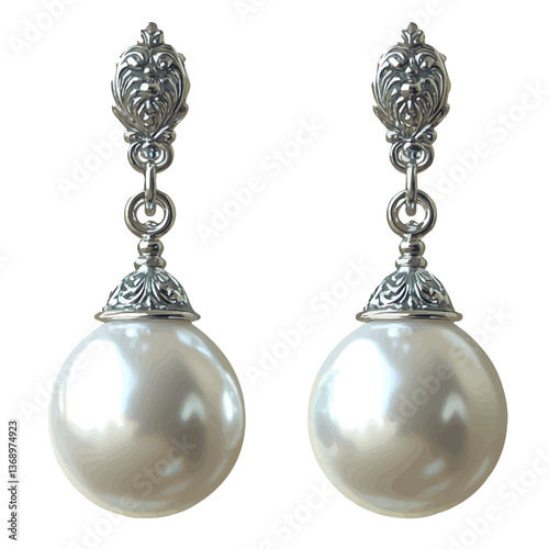 A watercolor vector of intricate pearl drop earrings, isolated on a white background. intricate pearl drop earrings graceful style vector


