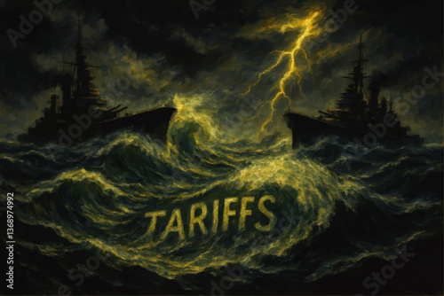 Powerful Vector Illustration Depicting Economic Conflict and Trade War Concept with Battleships Facing Off Through Turbulent Storm Waves Marked by Rising Tariffs