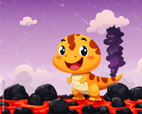 Adorable Happy Orange Dinosaur Standing Near Erupting Purple Volcano on Lava Rocks Vector Illustration Kids Friendly Animated Background Nature Cartoon Scene Artwork