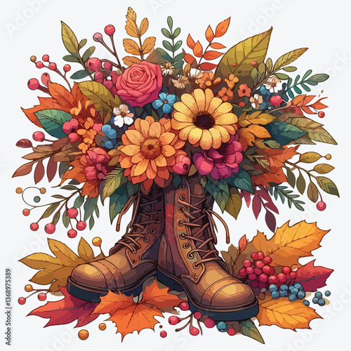 Autumn bouquet. Composition of boots with leaves, flowers and berries. stock illustration