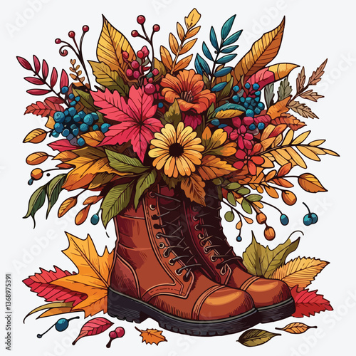 Autumn bouquet. Composition of boots with leaves, flowers and berries. stock illustration