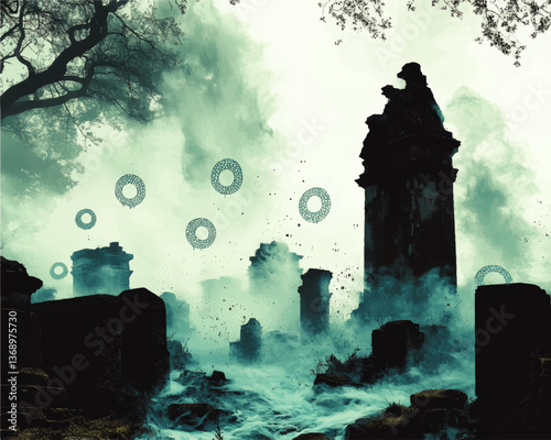 Mystical Fantasy Vector Art Depicting Ancient Ruins Surrounded by Ethereal Floating Orbs Foggy Scenery Magical Ritual Scene Haunting Gothic Atmosphere Paranormal Graphic
