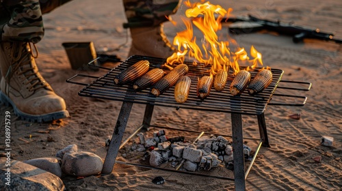 Outdoor Cooking Adventure Grilled Corn on a Portable Grill with Flames and Tactical Gear in th